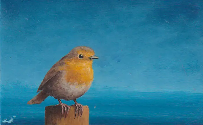 Marc van der Zwet, Nieuwschierig roodborstje, 260 euro, Oil on panel in wooden frame, 8,2x13,4 cm