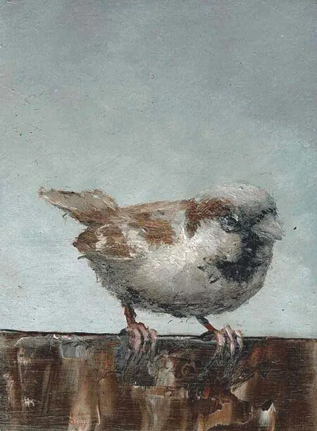 Marc van der Zwet, Nieuwschierige manmus, 120,- , 6,2x4,6 cm, Oil on oak block, unframed, 7210608