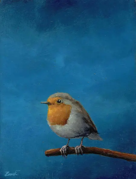 Marc van der Zwet, Nieuwschierige roodborst op tak, Oil on panel in bamboo frame, 11,2x8,5 cm, €.195,-