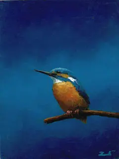 Marc van der Zwet, onrustige ijsvogel, Oil on panel in frame, 8,4x11,2 cm, €.195,-