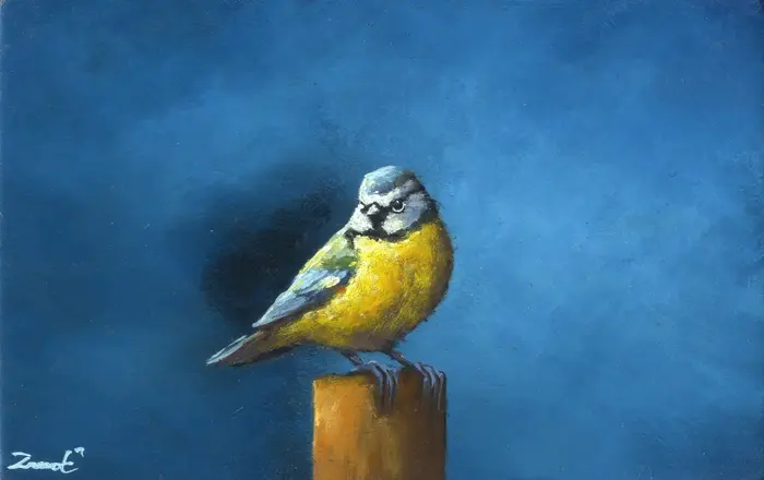 Marc van der Zwet, Pimpelmees kijkt om, 290 euro, Oil on panel in wooden frame, 13,3x8,3 cm