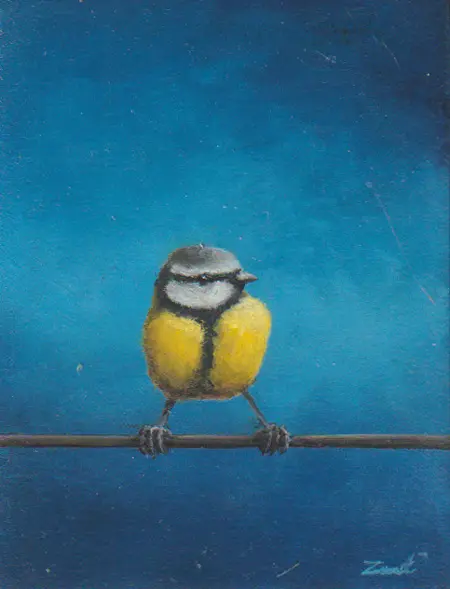 Marc van der Zwet, Pimpelmees op draad, 195 euro, Oil on panel in bamboo frame, 10,8x8,4 cm