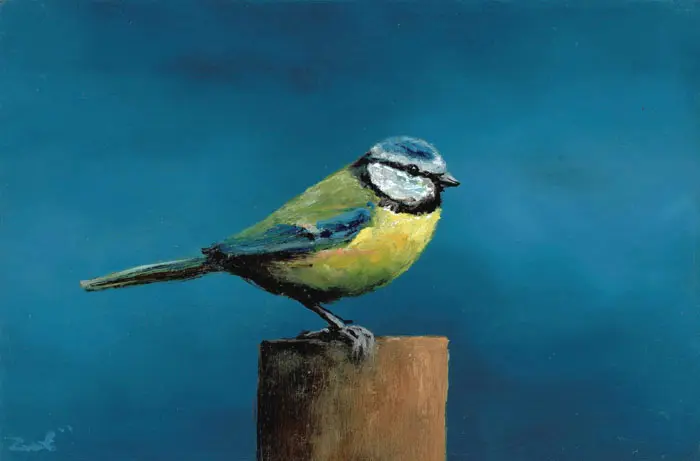 Marc van der Zwet, Pimpelmees op paaltje, 280 euro, Oil on panel in bamboo frame, 14,8x9,7 cm