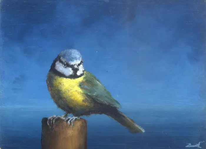Marc van der Zwet, Pimpelmees op paaltje op blauw, 180 euro, Oil on oak block, unframed, 9,8x7,3 cm