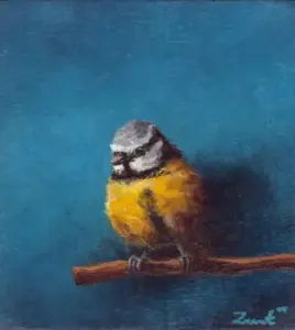 Marc van der Zwet, Pimpelmees wacht op blauw, 190 euro, Oil on oak, unframed, 6,5x7,1x 3 cm