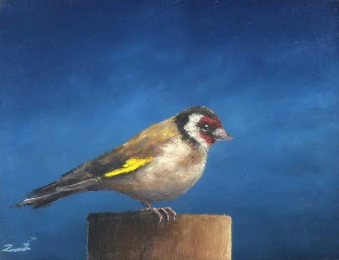 Marc van der Zwet, Putter op paaltje, 195 euro, Oil on panel in bamboo frame, 11,2x8,4 cm