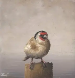 Marc van der Zwet, Putter op paaltje op eiken blok, 120 euro, Oil on oak block, unframed, 5,7x5,9 cm
