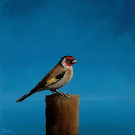 Marc van der Zwet, Putter op paaltje op vierkant blauw, 350 euro, Oil on panel in white wooden frame, 14,8x14,8 cm
