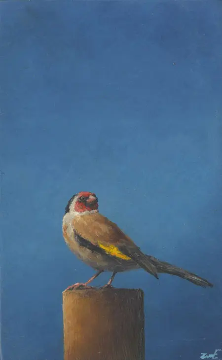 Marc van der Zwet, Putter op paaltje, 280 euro, Oil on panel in wooden frame, 8,2x13,2 cm