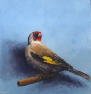 Marc van der Zwet, Putter op stokje op lichtblauw, 290 euro, Oil on panel in white wooden frame, 12,4x12,8 cm