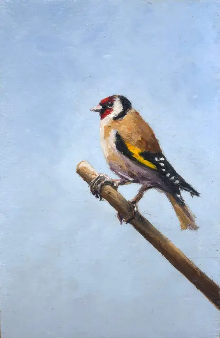 Marc van der Zwet, Putter op tak op lichtblauw, 160 euro, Oil on oak, unframed, 6,3x9,8 cm