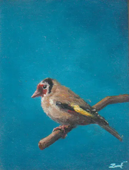 Marc van der Zwet, Putter op tak, 190 euro, Oil on oak, unframed, 7,4x9,8 cm