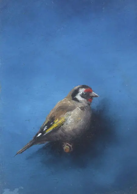 Marc van der Zwet, Putter op takje blauw 7221111, 150 euro, Oil on oak panel, unframed, 5,7x8,2 cm