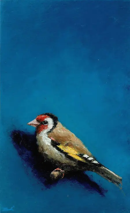 Marc van der Zwet, Putter wacht op takje, 290 euro, Oil on panel in bamboo frame, 8,2x13,3 cm