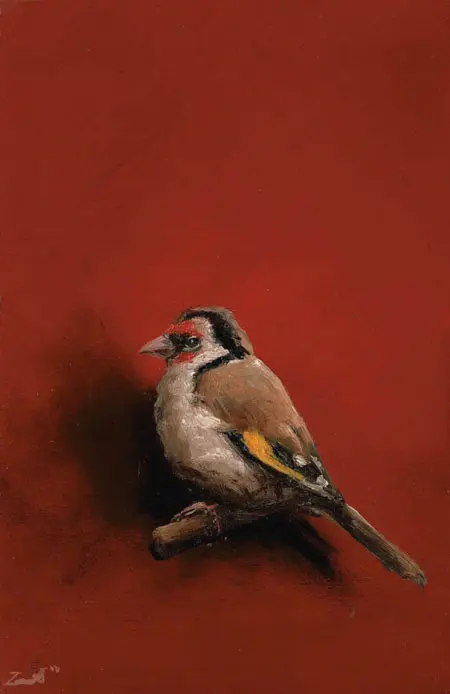 Marc van der Zwet, Putterop takje op rood, 310 euro, Oil on panel in frame, 14,8x9,7 cm