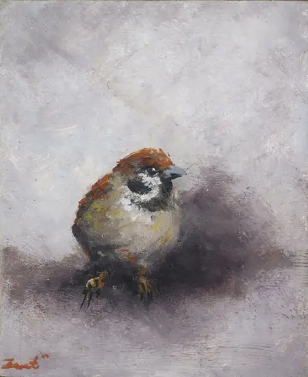 Marc van der Zwet, Ringmus grijs, 150 euro, Oil on oak, unframed, 6,7x8,1x4 cm