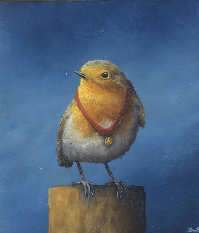 Marc van der Zwet, Roodborst heeft gewonnen, 250 euro, Oil on oak panel, unframed, 10x11,3 cm