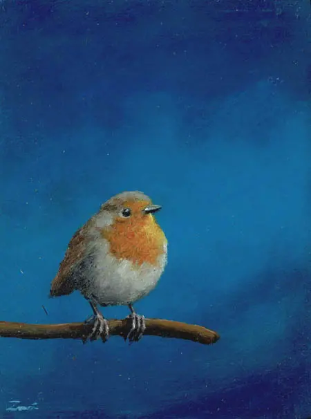 Marc van der Zwet, Roodborst heeft honger, Oil on panel in frame, 8,4x11,2 cm, €.195,-