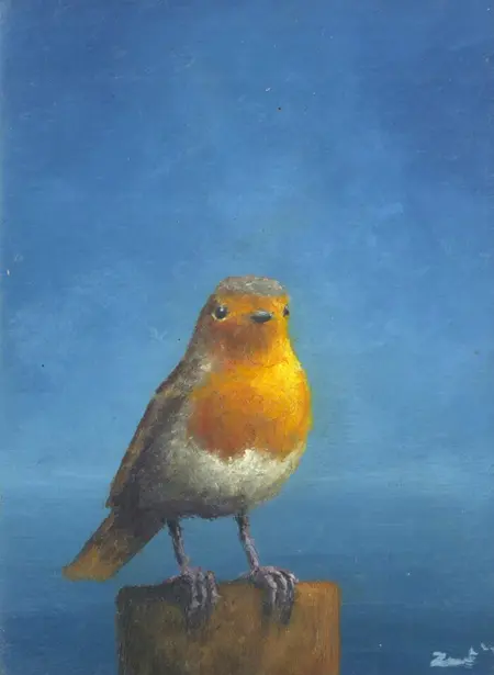 Marc van der Zwet, Roodborst is beduusd, 190 euro, Oil on oak panel, unframed, 7,2x9,8