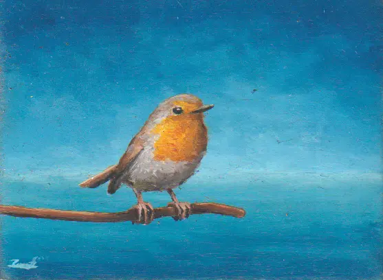 Marc van der Zwet, Roodborst met blauwe horizon, 200 euro, Oil on oak, unframed, 9,5x7 cm