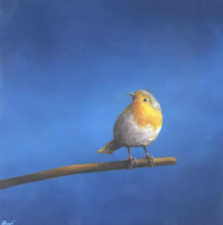 Marc van der Zwet, Roodborst op blauw vierkant, 360 euro, Oil on MDF in white wooden frame, 17,4x17,4 cm