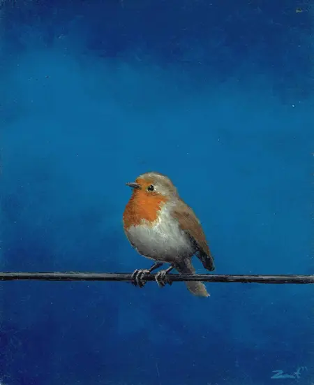 Marc van der Zwet, roodborst op draad op azuurblauw, 9x11,1 cm, €.180,-, Oil on oak block, unframed,