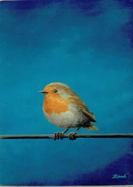 Marc van der Zwet, Roodborst op draad, 8,4x11,2 cm, €.250,-, Oil on oak, unframed