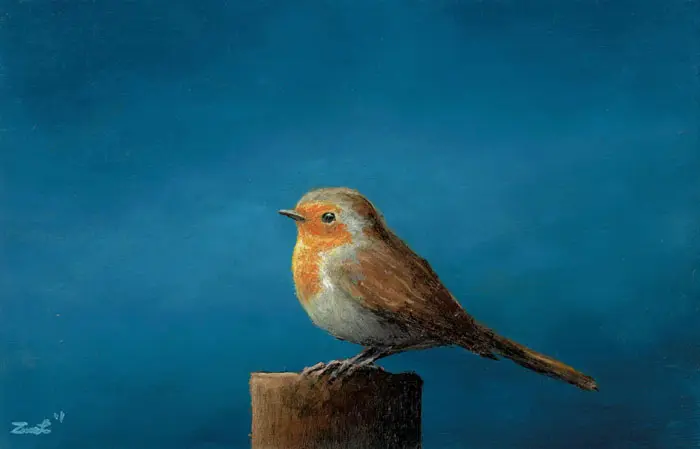 Marc van der Zwet, Roodborst op paaltje, 280 euro, Oil on panel in bamboo frame, 14,8x9,7 cm