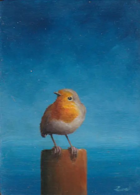 Marc van der Zwet, Roodborst op paaltje, 195 euro, Oil on panel in bamboo frame, 8x11 cm