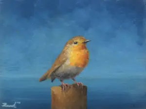 Marc van der Zwet, Roodborst op paaltje attent, 180 euro, Oil on oak block, unframed, 9,8x7,3 cm