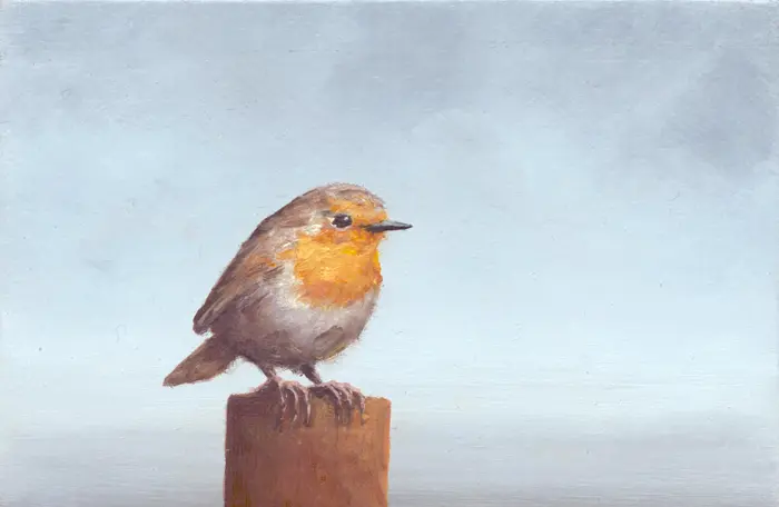 Marc van der Zwet, Roodborst op paaltje grijs, 320 euro, Oil on panel in wooden frame, 17,7x9,7 cm