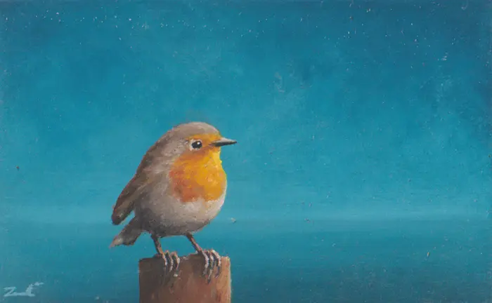 Marc van der Zwet, Roodborst op paaltje horizon, 280 euro, Oil on panel in wooden frame, 13,3x8,3 cm