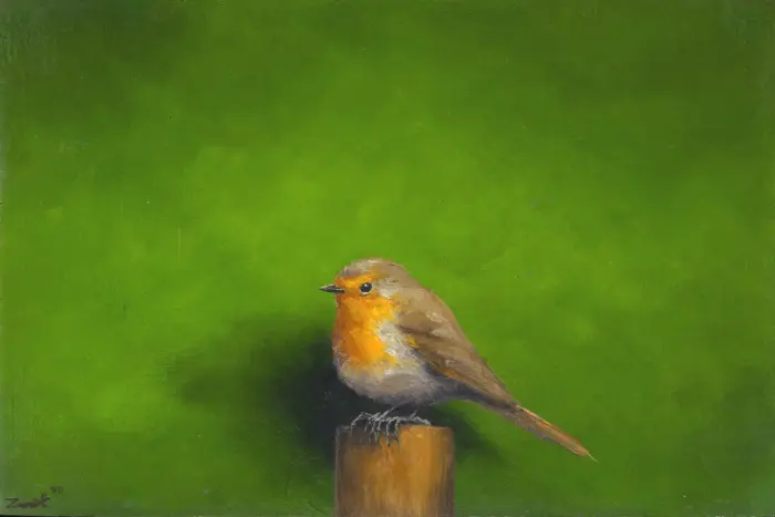Marc van der Zwet, Roodborst op paaltje op groen, 430 euro, Oil on thick oak, unframed, 20,4x13,7 cm