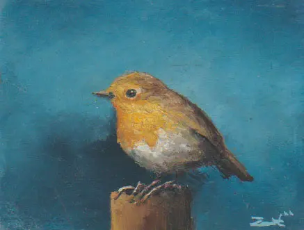 Marc van der Zwet, Roodborst op paaltje, 150 euro, Oil on bamboo, 7,4x5,8 cm