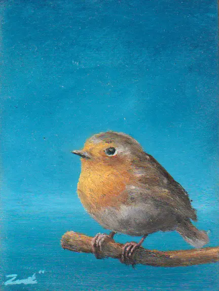 Marc van der Zwet, Roodborst op tak, 190 euro, Oil on oak, unframed, 7,4x9,8 cm