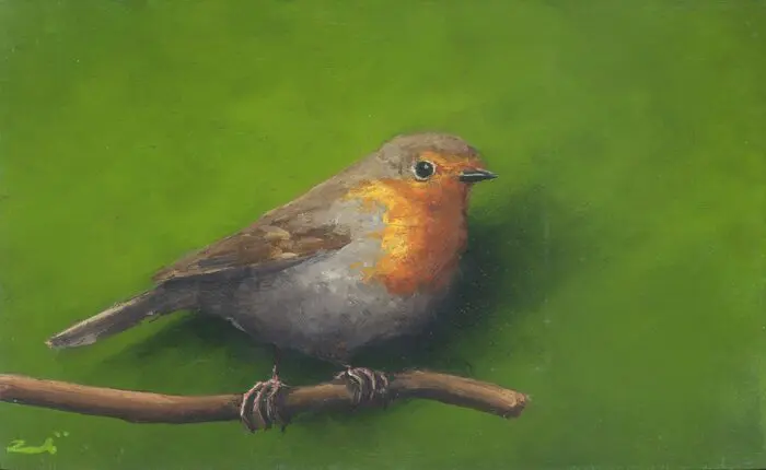 Marc van der Zwet, Roodborst op takje groen, 310 euro, Oil on panel in bamboo wooden frame, 13,3x8,2 cm
