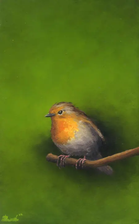 Marc van der Zwet, Roodborst op takje groen, 320 euro, Oil on panel in frame, 8,3x13,3 cm