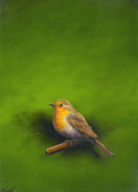 Marc van der Zwet, Roodborst op takje op groen, 420 euro, Oil on oak, unframed,15x20,7x2,5 cm