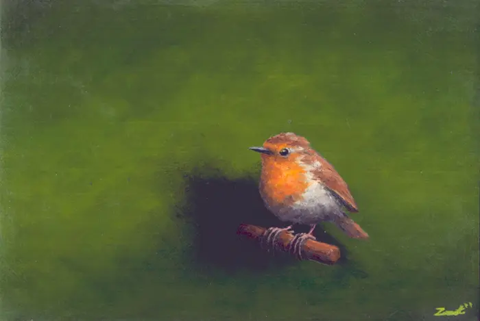 Marc van der Zwet, Roodborst op takje op groen, 420 euro, Oil on panel in wooden frame, 18,4x12,4 cm