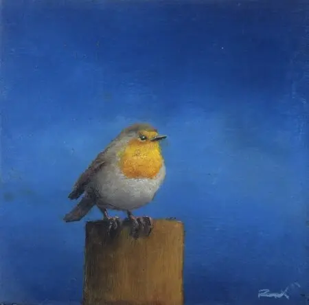 Marc van der Zwet, Roodborst op vierkant, 6,5x6,5 cm, €.130,-, Oil on hardwood
