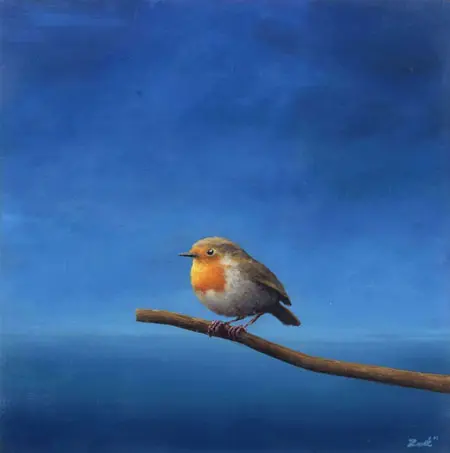 Marc van der Zwet, Roodborst op vierkant blauw, 450 euro, Oil on panel in white wooden frame, 22,6x22,8 cm