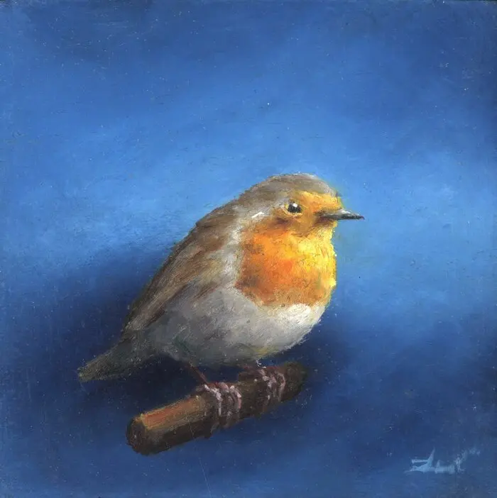 Marc van der Zwet, Roodborst op vierkant, 160 euro, Oil on panel in wooden frame, 6,5x6,5 cm