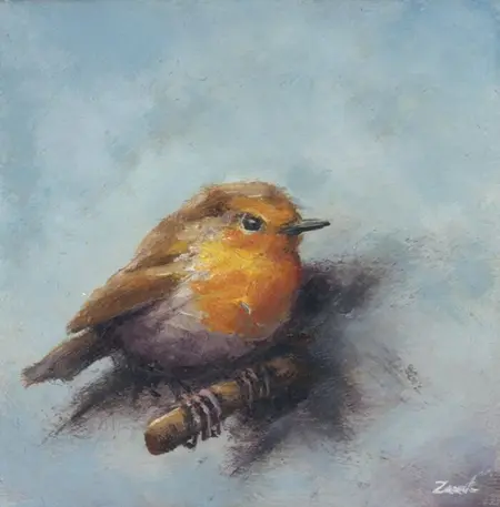Marc van der Zwet, Roodborst vierkant, 150 euro, Oil on panel in white wooden frame, 7,7x7,7 cm