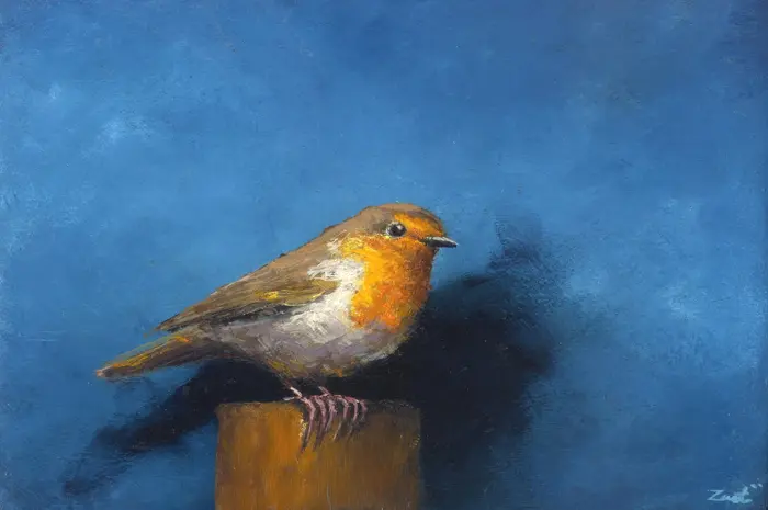 Marc van der Zwet, Roodborst vraagt aandacht, 320 euro, Oil on panel in bamboo frame, 83x13,3 cm