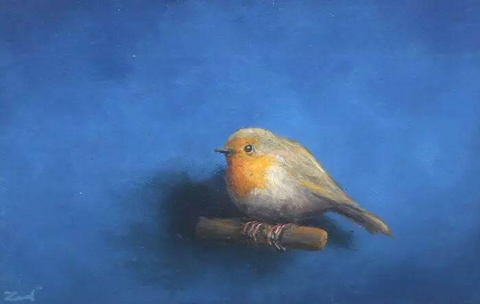 Marc van der Zwet, Roodborst wacht af 7221118, 280 euro, Oil on MDF in bamboo frame, 8,3x13.4 cm