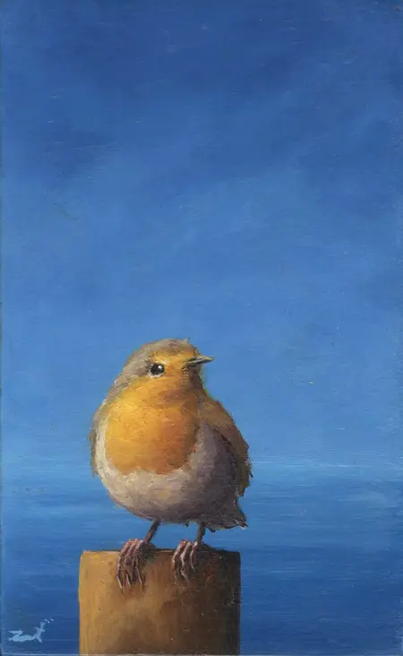 Marc van der Zwet, Roodborst wacht af, 280 euro, Oil on panel in bamboo frame, 8,2x13,4 cm