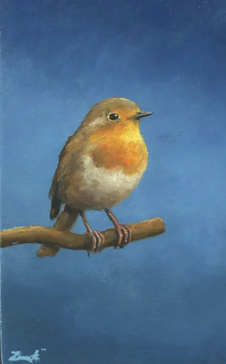 Marc van der Zwet, Roodborst weet het wel, 250 euro, Oil on panel in frame, 8,3x13,3 cm
