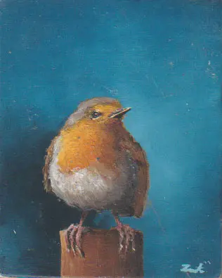 Marc van der Zwet, Roodborst, 150 euro, Oil on oak, 5,4x6,8 cm