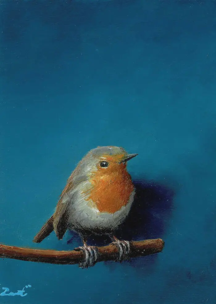 Marc van der Zwet, Roodborstje klein, 200 euro, Oil on oak in frame, 8,2x10,8 cm