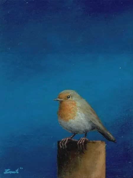 Marc van der Zwet, Roodborstje op paaltje, 8,4x11,2 cm, €.195,-, Oil on MDF in frame